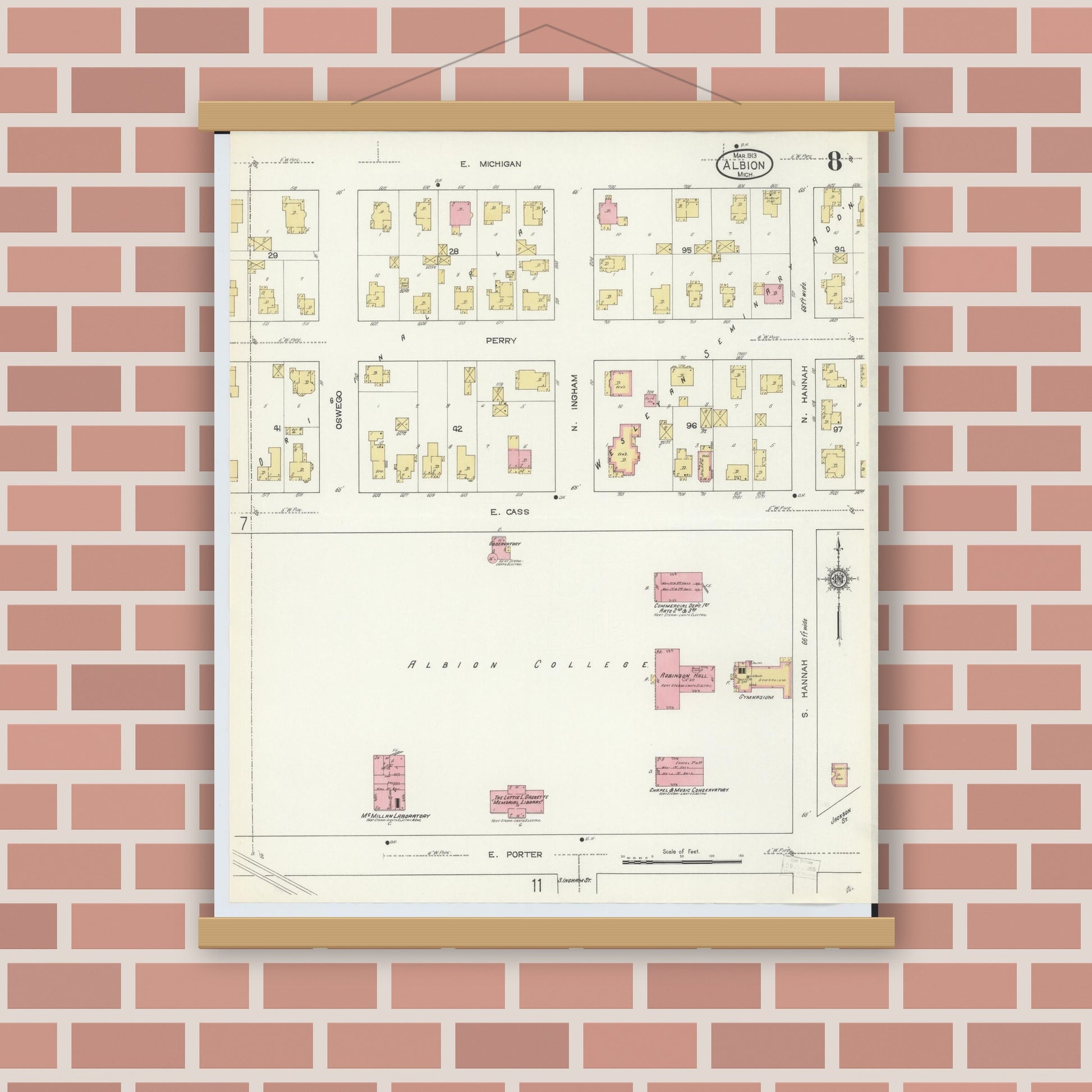 Old map wall art mockup — magnetic wood frame on brick wall — Sanborn Fire Insurance Map from Albion, Calhoun County, Michigan (1913), Sheet #0008