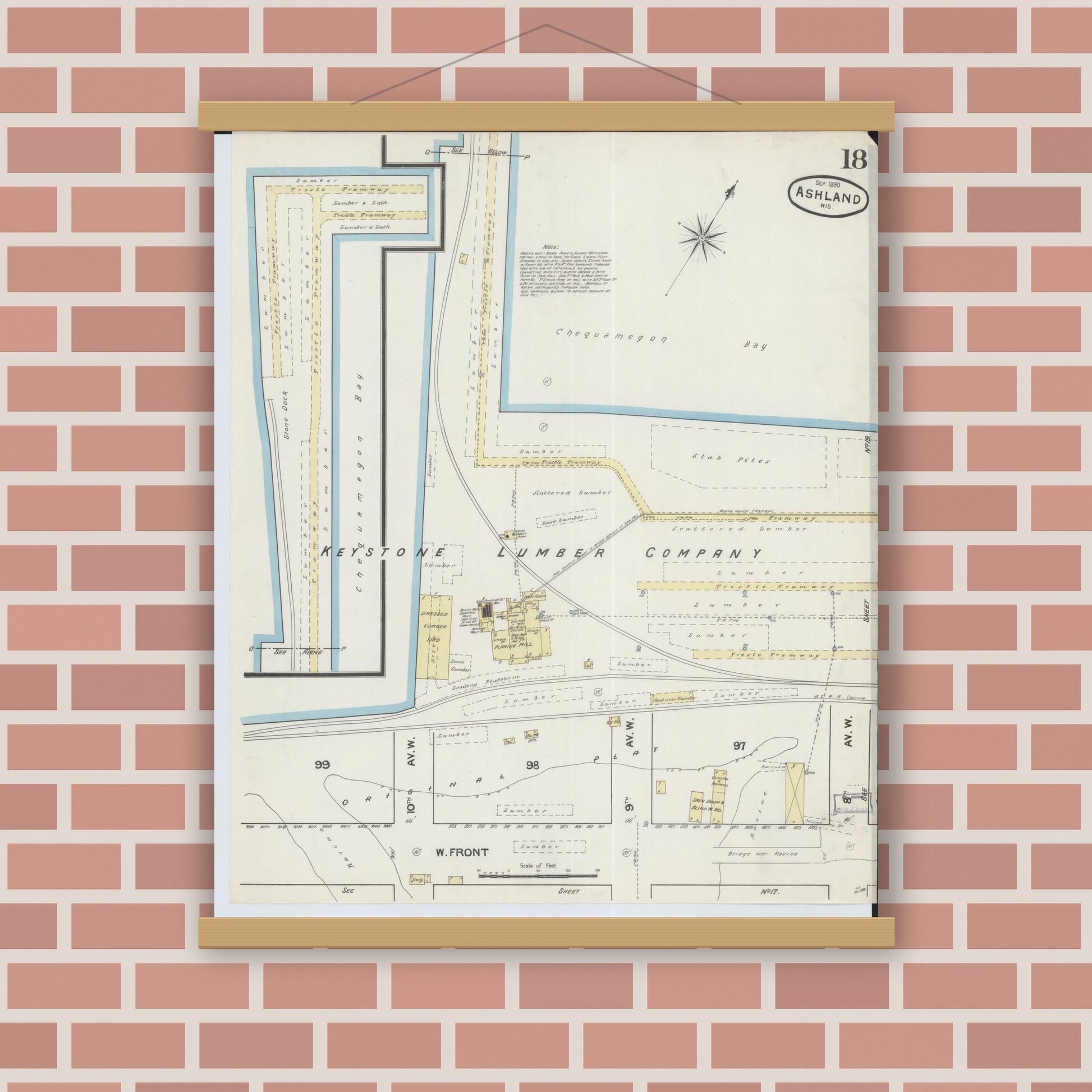 Old map wall art mockup — magnetic wood frame on brick wall — Sanborn Fire Insurance Map from Ashland, Ashland County, Wisconsin (1890), Sheet #0018