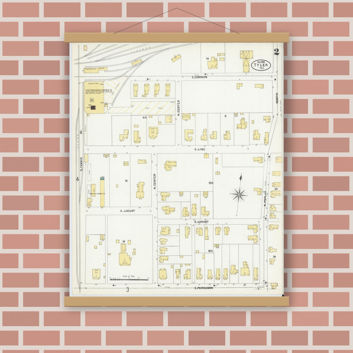 Old map wall art mockup — magnetic wood frame on brick wall — Sanborn Fire Insurance Map from Tyler, Smith County, Texas (1902), Sheet #0002