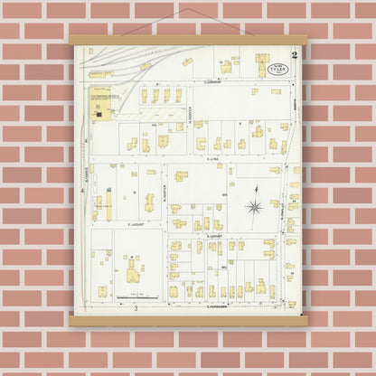Old map wall art mockup — magnetic wood frame on brick wall — Sanborn Fire Insurance Map from Tyler, Smith County, Texas (1902), Sheet #0002