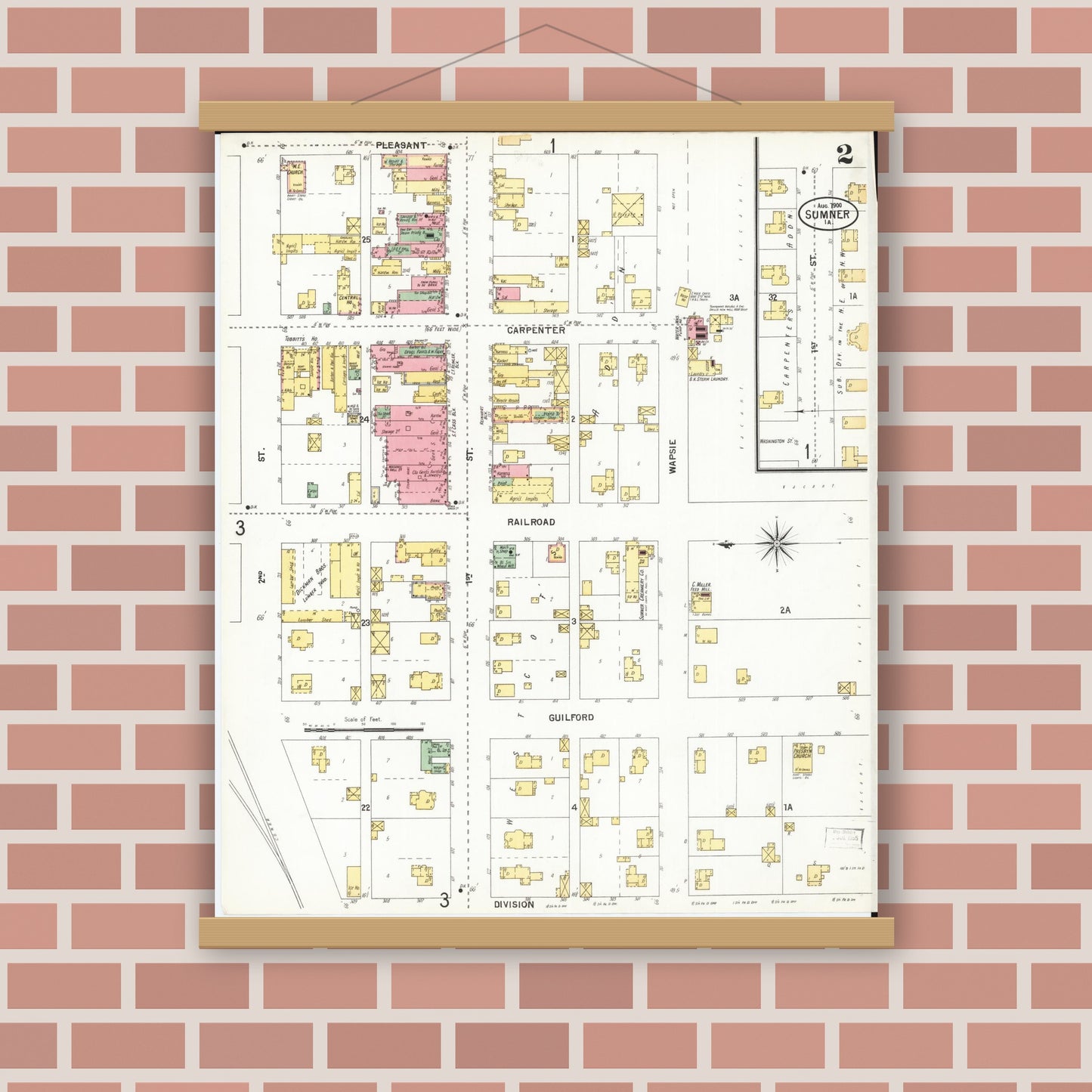 Old map wall art mockup — magnetic wood frame on brick wall — Sanborn Fire Insurance Map from Sumner, Bremer County, Iowa (1900), Sheet #0002