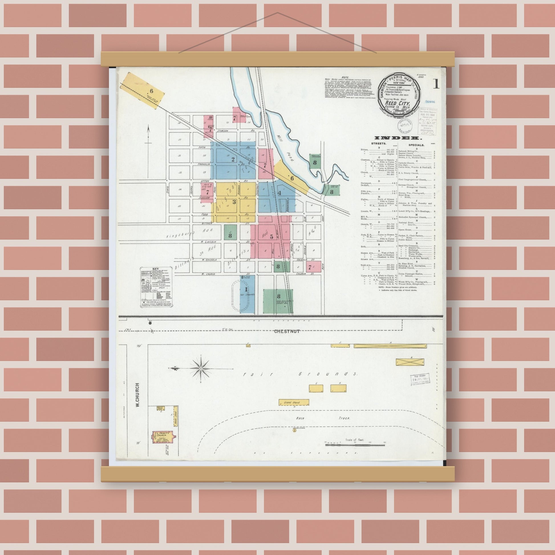Old map wall art mockup — magnetic wood frame on brick wall — Sanborn Fire Insurance Map from Reed City, Osceola County, Michigan (1900), Sheet #0001