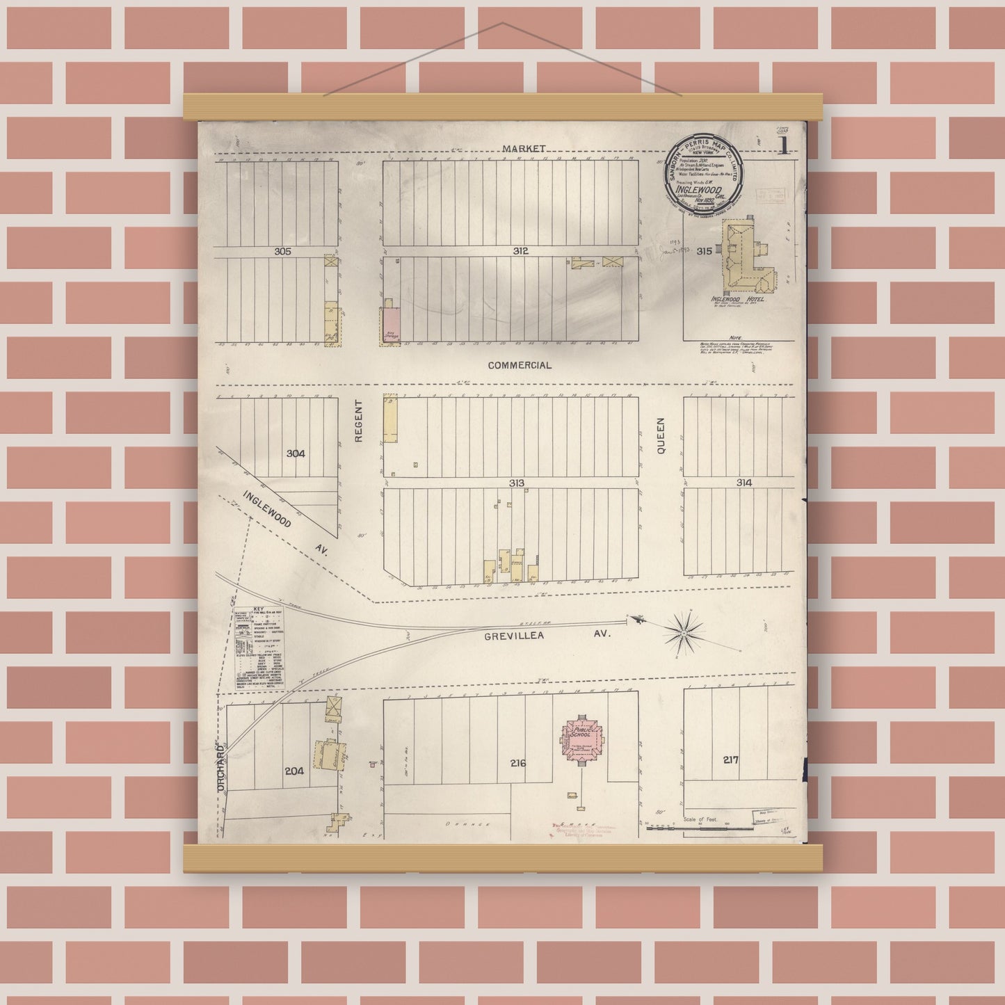 Old map wall art mockup — magnetic wood frame on brick wall — Sanborn Fire Insurance Map from Inglewood, Los Angeles County, California (1892), Sheet #0001