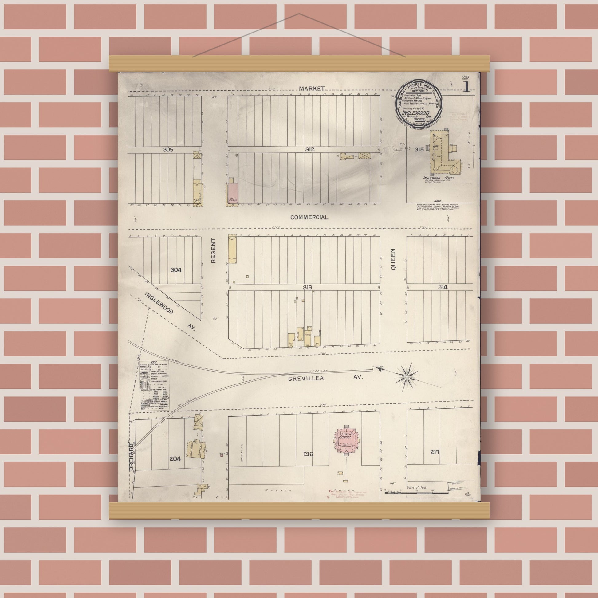 Old map wall art mockup — magnetic wood frame on brick wall — Sanborn Fire Insurance Map from Inglewood, Los Angeles County, California (1892), Sheet #0001