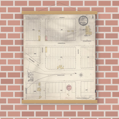 Old map wall art mockup — magnetic wood frame on brick wall — Sanborn Fire Insurance Map from Inglewood, Los Angeles County, California (1892), Sheet #0001