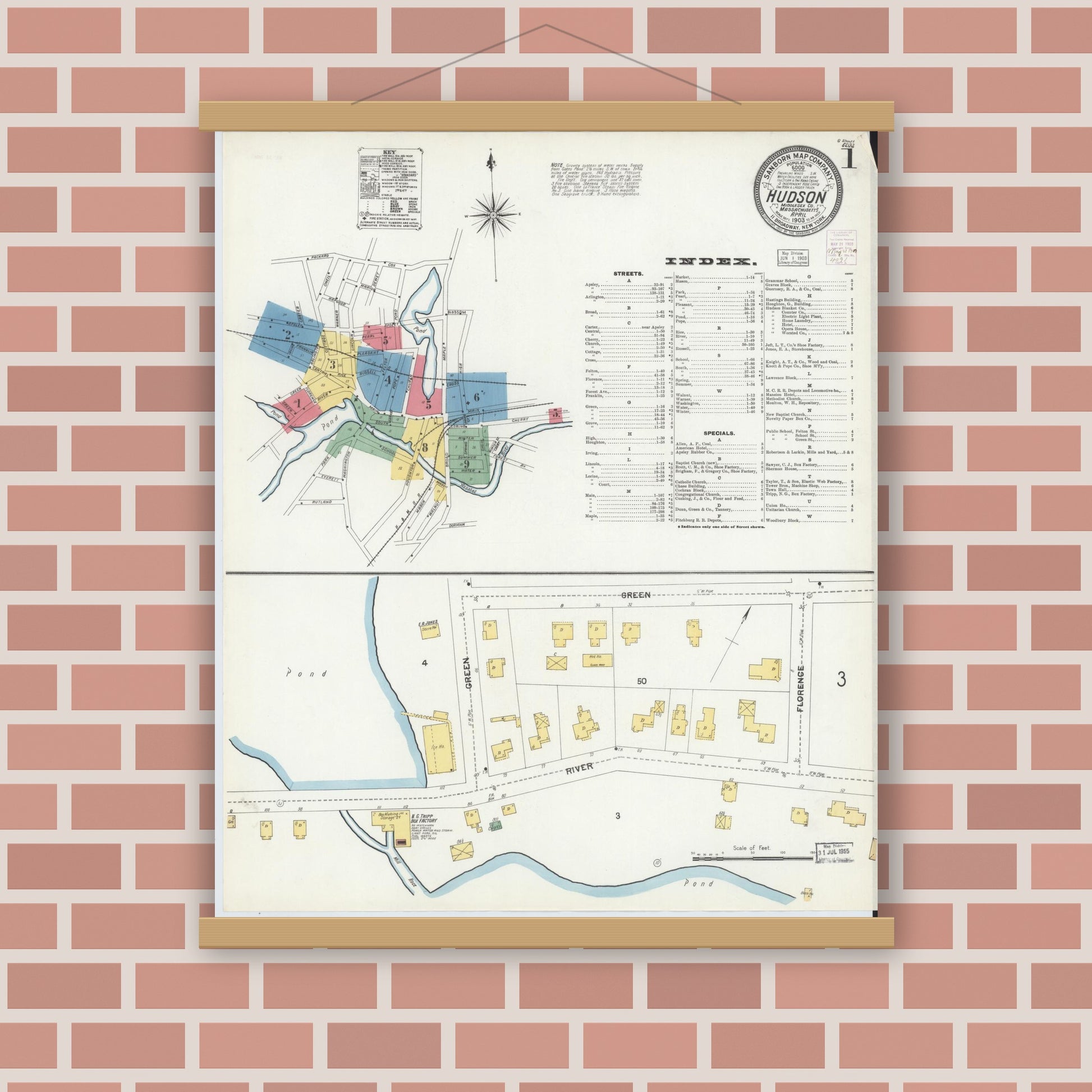 Old map wall art mockup — magnetic wood frame on brick wall — Sanborn Fire Insurance Map from Hudson, Middlesex County, Massachusetts (1903) - Complete Map Set