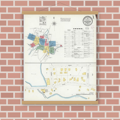 Old map wall art mockup — magnetic wood frame on brick wall — Sanborn Fire Insurance Map from Hudson, Middlesex County, Massachusetts (1903) - Complete Map Set