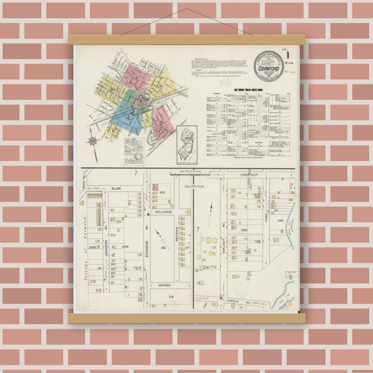 Old map wall art mockup — magnetic wood frame on brick wall — Sanborn Fire Insurance Map from Cranford, Union County, New Jersey (1915), Sheet #0001