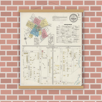 Old map wall art mockup — magnetic wood frame on brick wall — Sanborn Fire Insurance Map from Cranford, Union County, New Jersey (1915), Sheet #0001