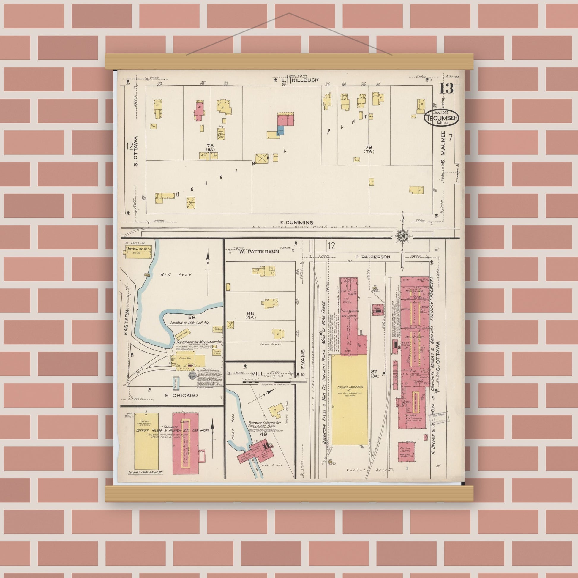 Old map wall art mockup — magnetic wood frame on brick wall — Sanborn Fire Insurance Map from Tecumseh, Lenawee County, Michigan (1922), Sheet #0013