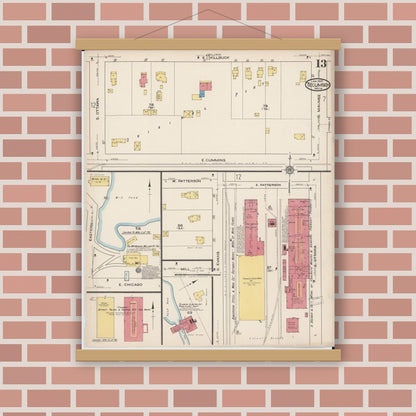 Old map wall art mockup — magnetic wood frame on brick wall — Sanborn Fire Insurance Map from Tecumseh, Lenawee County, Michigan (1922), Sheet #0013