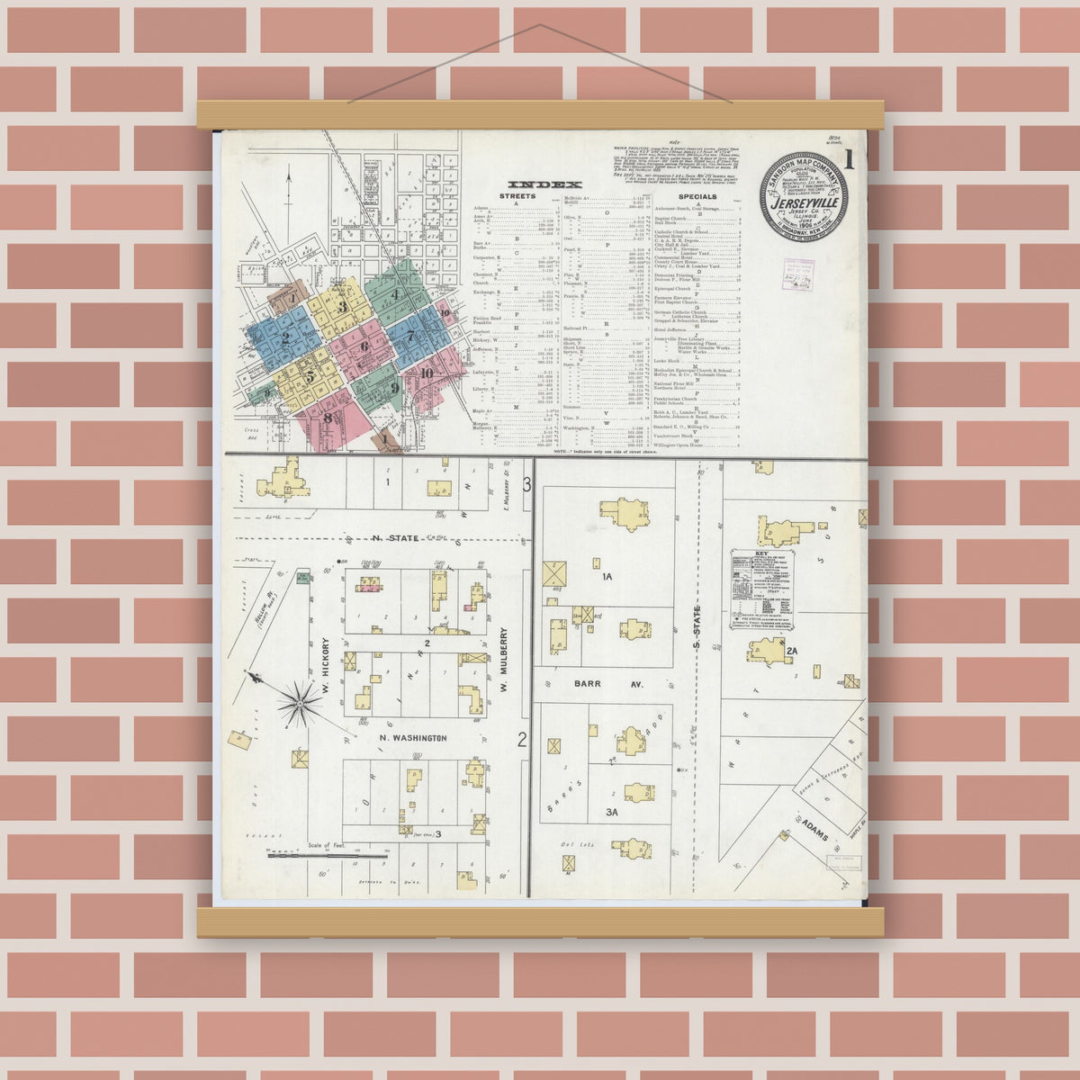 Old map wall art mockup — magnetic wood frame on brick wall — Sanborn Fire Insurance Map from Jerseyville, Jersey County, Illinois (1906) - Complete Map Set