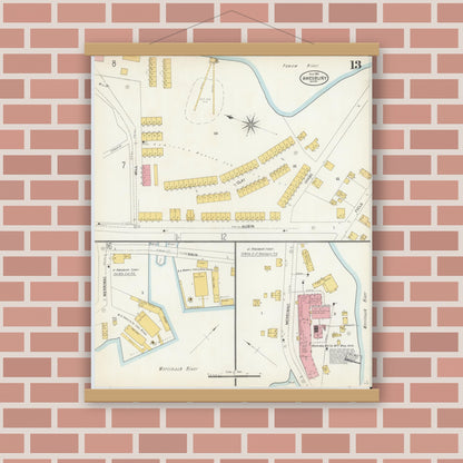 Old map wall art mockup — magnetic wood frame on brick wall — Sanborn Fire Insurance Map from Amesbury, Essex County, Massachusetts (1904), Sheet #0013