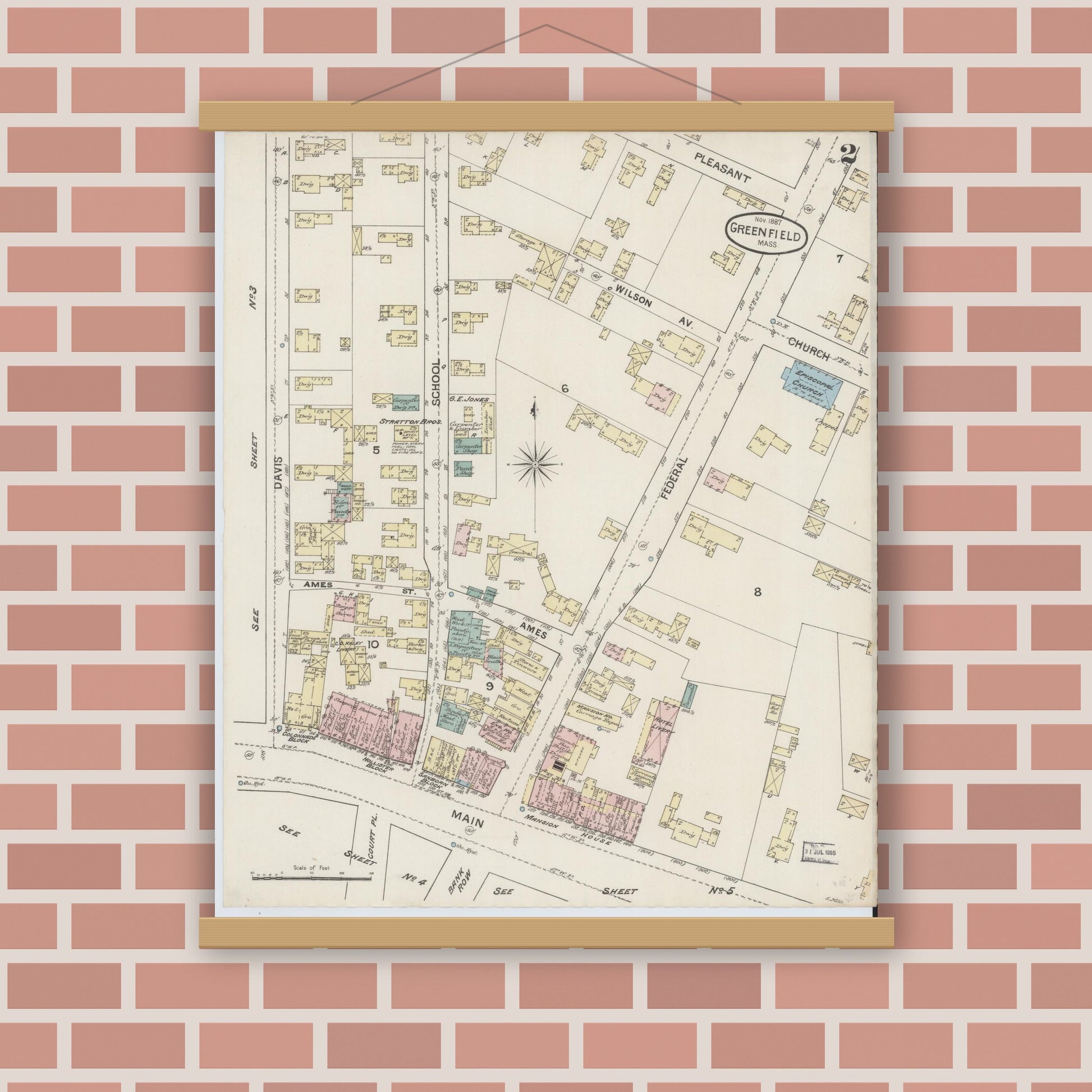 Old map wall art mockup — magnetic wood frame on brick wall — Sanborn Fire Insurance Map from Greenfield, Franklin County, Massachusetts (1887), Sheet #0002