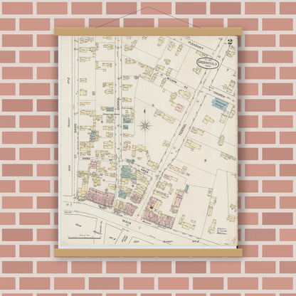 Old map wall art mockup — magnetic wood frame on brick wall — Sanborn Fire Insurance Map from Greenfield, Franklin County, Massachusetts (1887), Sheet #0002