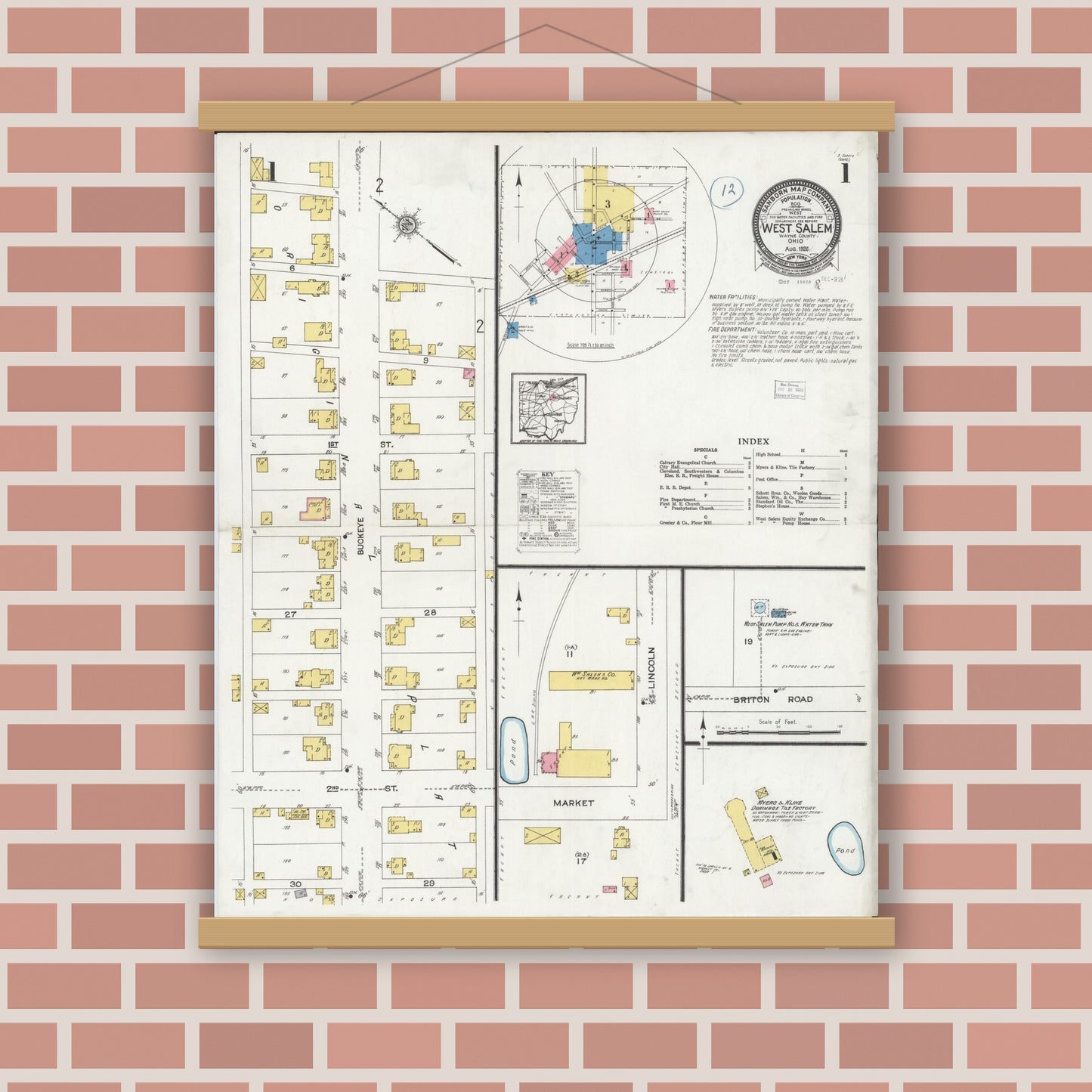 Old map wall art mockup — magnetic wood frame on brick wall — Sanborn Fire Insurance Map from West Salem, Wayne County, Ohio (1926), Sheet #0001