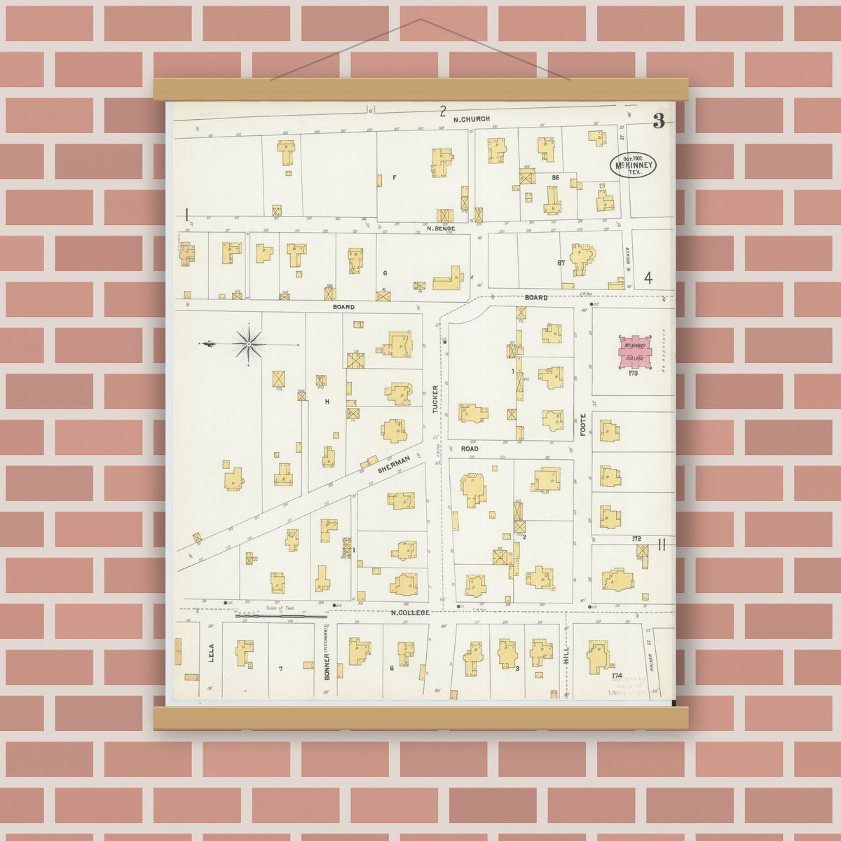 Old map wall art mockup — magnetic wood frame on brick wall — Sanborn Fire Insurance Map from McKinney, Collin County, Texas (1902), Sheet #0003