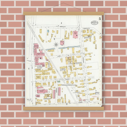 Old map wall art mockup — magnetic wood frame on brick wall — Sanborn Fire Insurance Map from Westfield, Hampden County, Massachusetts (1900), Sheet #0005