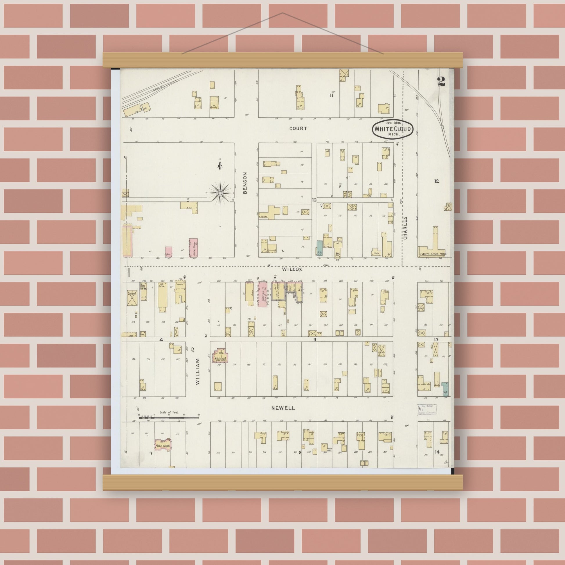 Old map wall art mockup — magnetic wood frame on brick wall — Sanborn Fire Insurance Map from White Cloud, Newaygo County, Michigan (1894), Sheet #0002