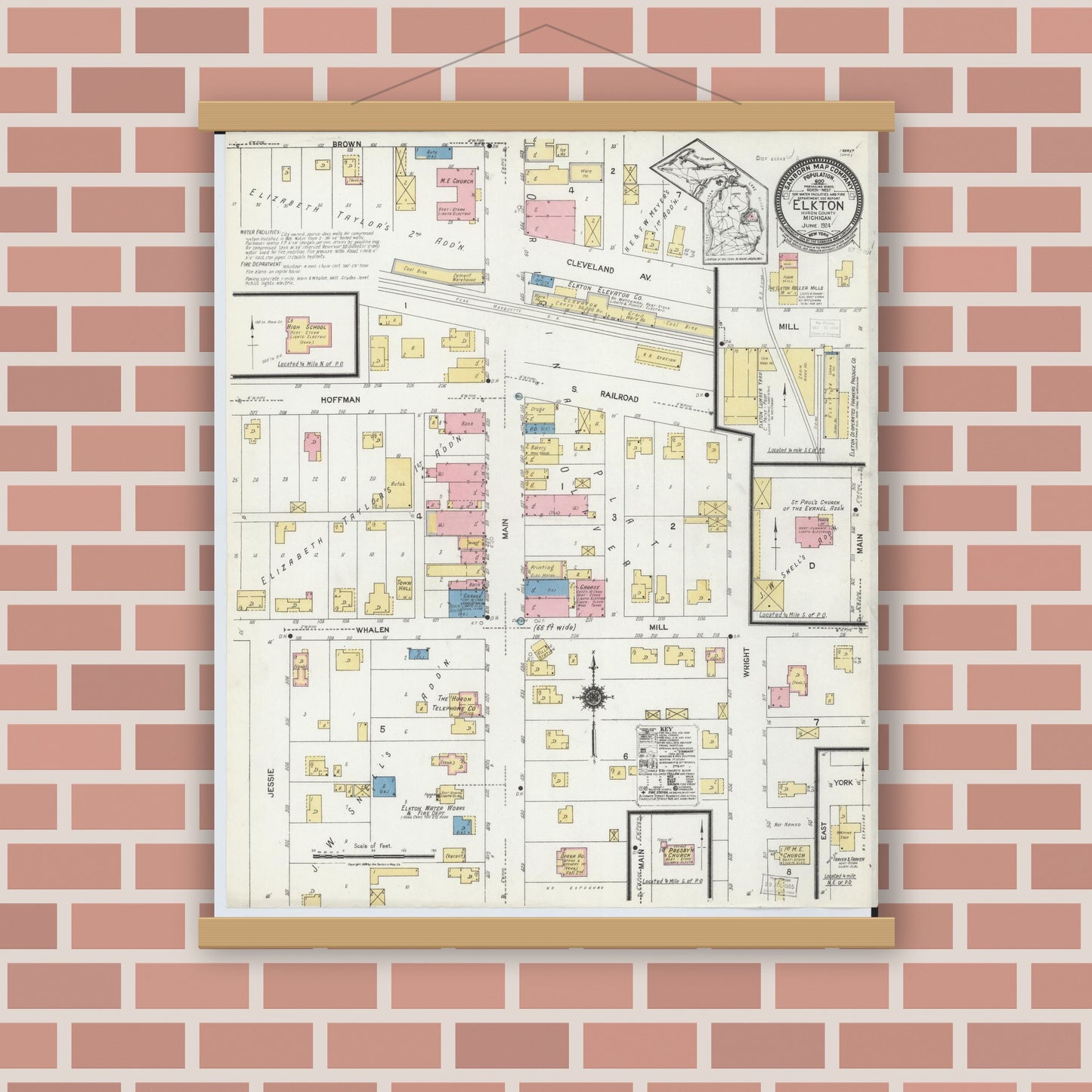 Old map wall art mockup — magnetic wood frame on brick wall — Sanborn Fire Insurance Map from Elkton, Huron County, Michigan (1924), Sheet #0001