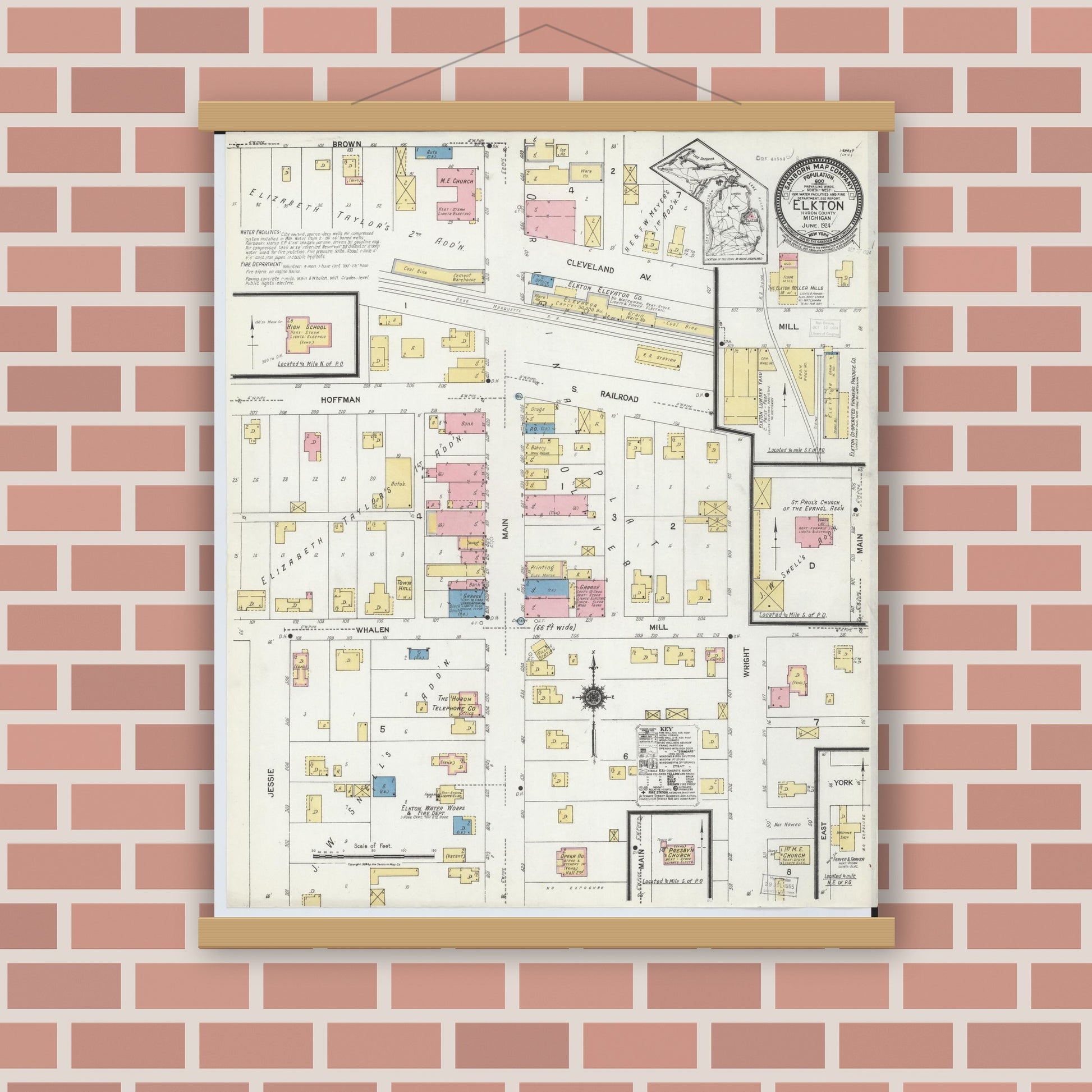Old map wall art mockup — magnetic wood frame on brick wall — Sanborn Fire Insurance Map from Elkton, Huron County, Michigan (1924), Sheet #0001