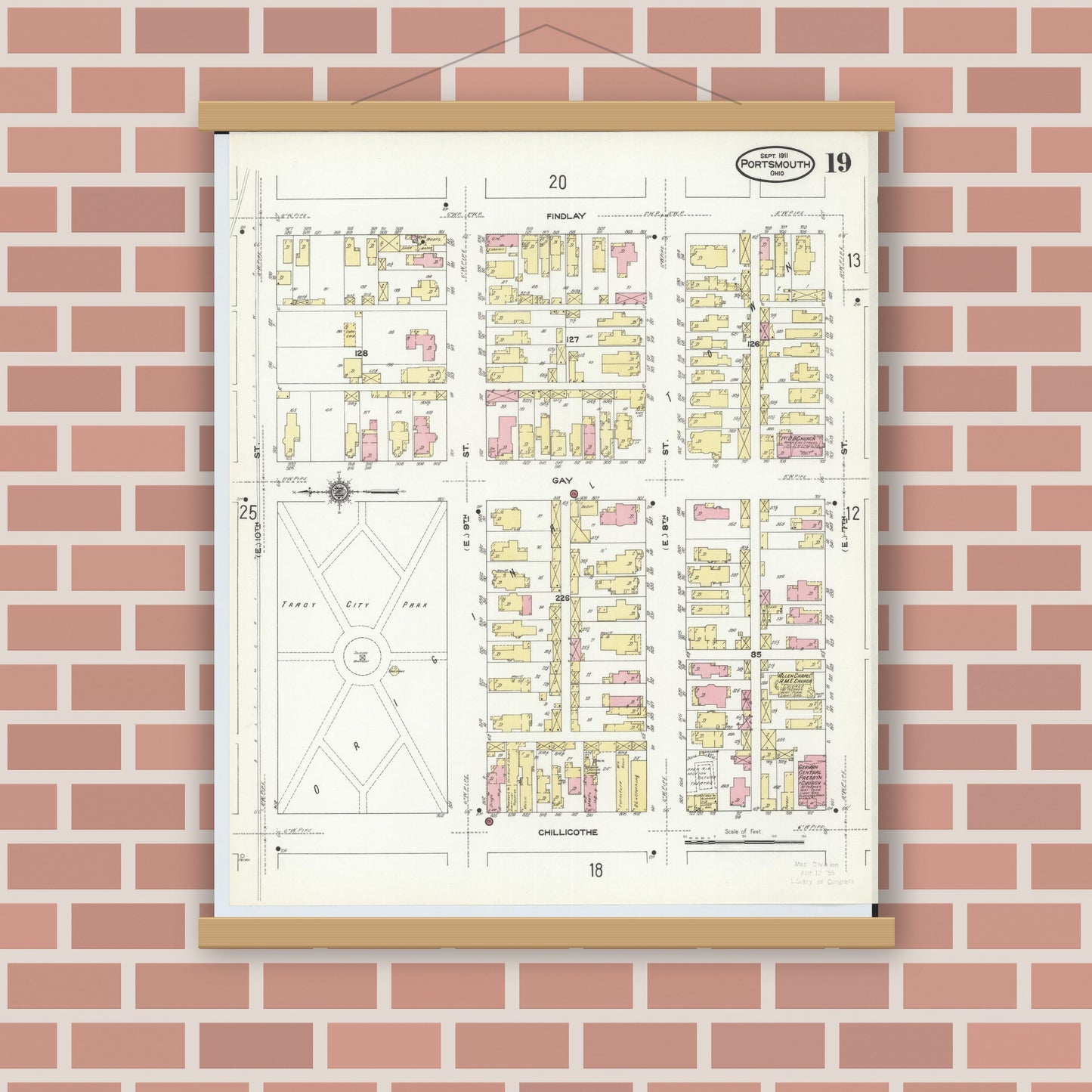 Old map wall art mockup — magnetic wood frame on brick wall — Sanborn Fire Insurance Map from Portsmouth, Scioto County, Ohio (1911), Sheet #0019