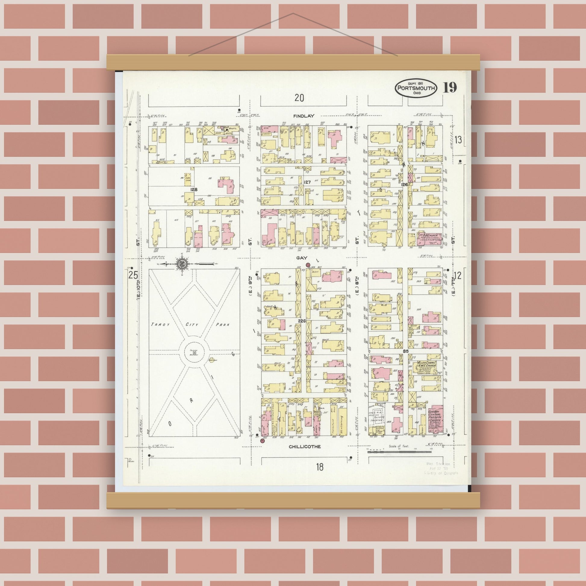 Old map wall art mockup — magnetic wood frame on brick wall — Sanborn Fire Insurance Map from Portsmouth, Scioto County, Ohio (1911), Sheet #0019