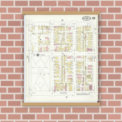 Old map wall art mockup — magnetic wood frame on brick wall — Sanborn Fire Insurance Map from Portsmouth, Scioto County, Ohio (1911), Sheet #0019