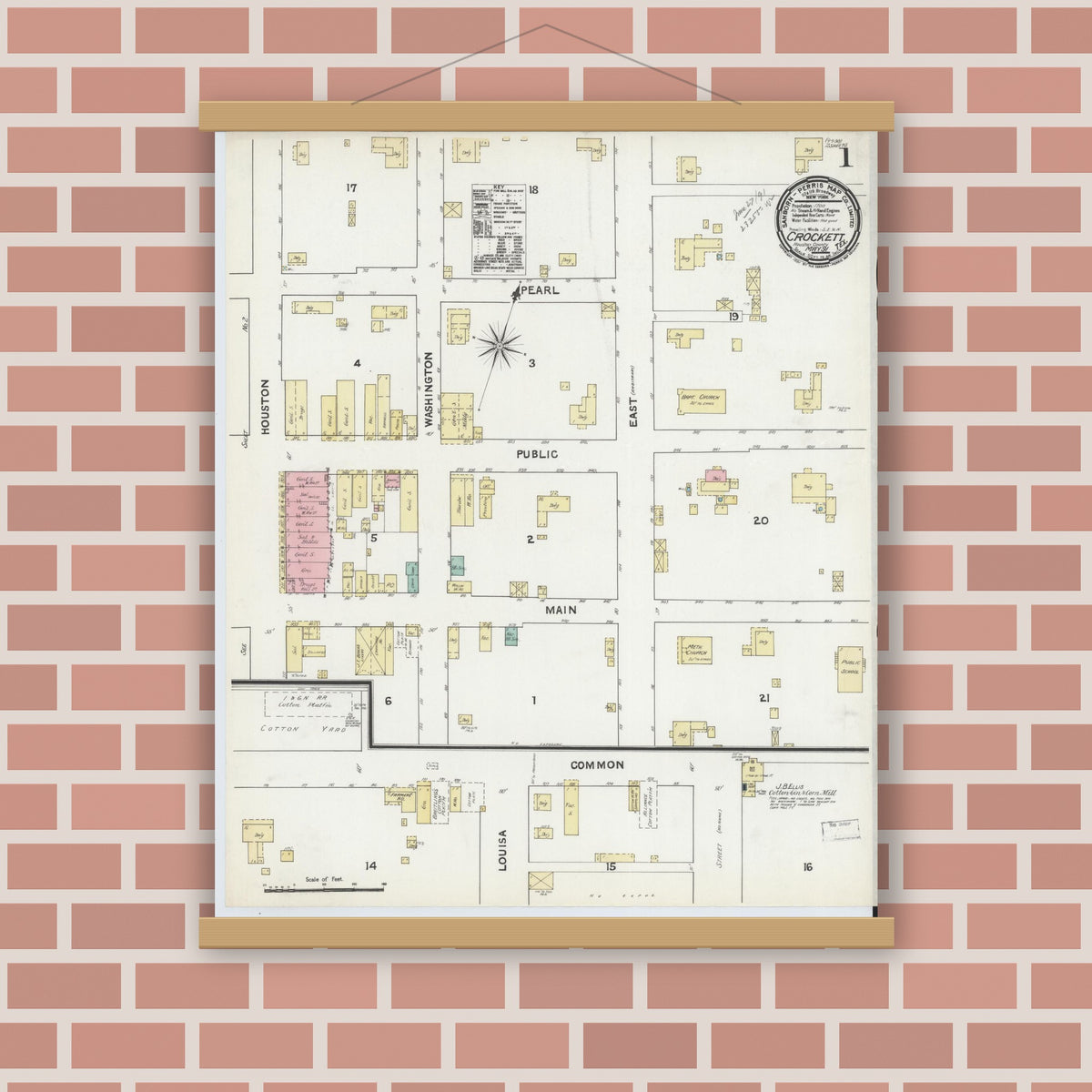 Old map wall art mockup — magnetic wood frame on brick wall — Sanborn Fire Insurance Map from Crockett, Houston County, Texas (1891), Sheet #0001
