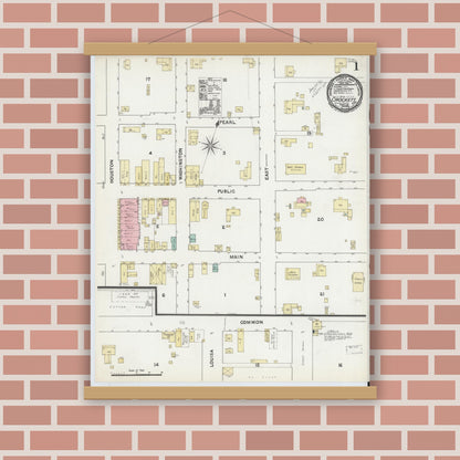 Old map wall art mockup — magnetic wood frame on brick wall — Sanborn Fire Insurance Map from Crockett, Houston County, Texas (1891), Sheet #0001