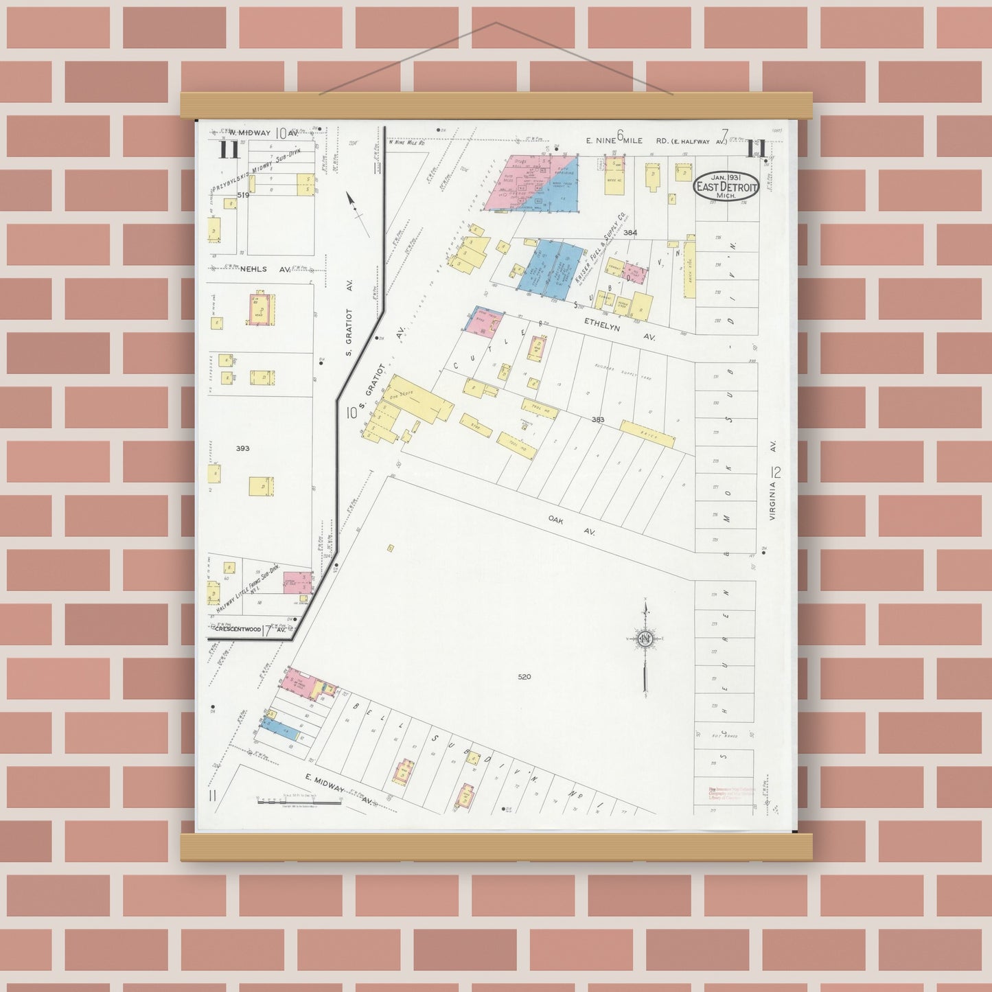 Old map wall art mockup — magnetic wood frame on brick wall — Sanborn Fire Insurance Map from East Detroit, Macomb County, Michigan (1931), Sheet #0011
