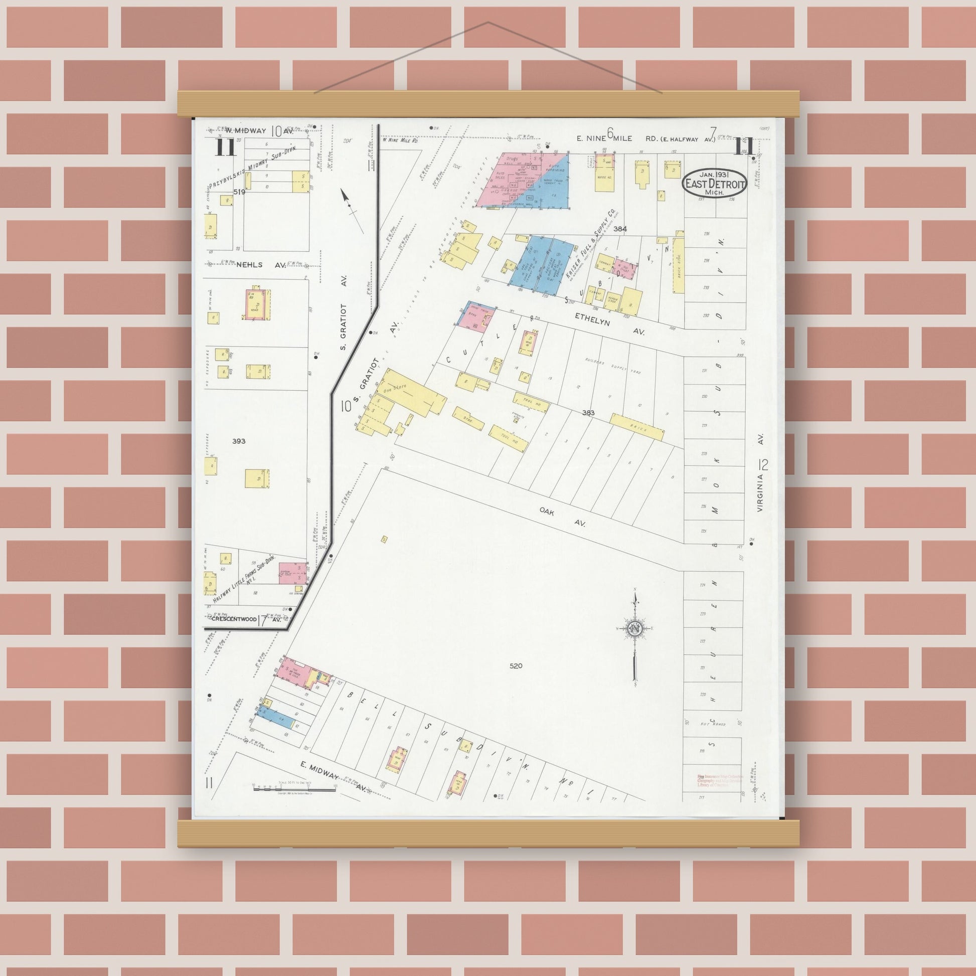 Old map wall art mockup — magnetic wood frame on brick wall — Sanborn Fire Insurance Map from East Detroit, Macomb County, Michigan (1931), Sheet #0011