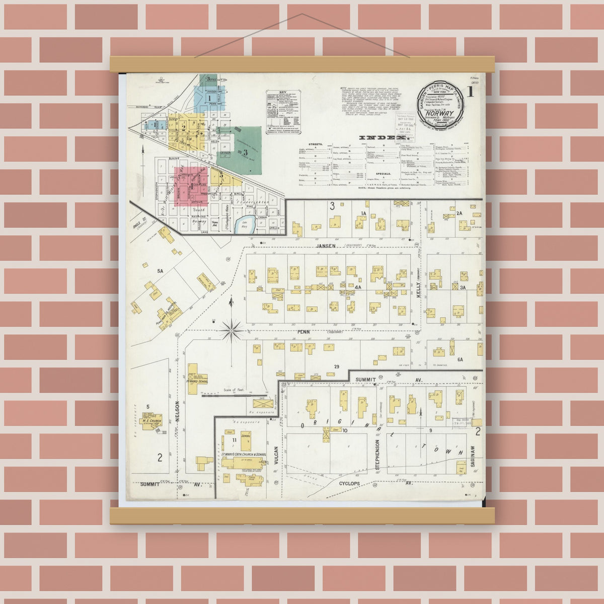 Old map wall art mockup — magnetic wood frame on brick wall — Sanborn Fire Insurance Map from Norway, Dickinson County, Michigan (1900), Sheet #0001