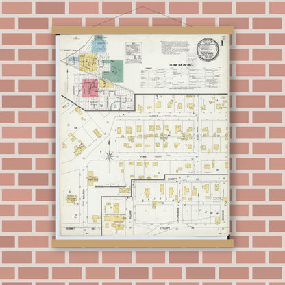 Old map wall art mockup — magnetic wood frame on brick wall — Sanborn Fire Insurance Map from Norway, Dickinson County, Michigan (1900), Sheet #0001
