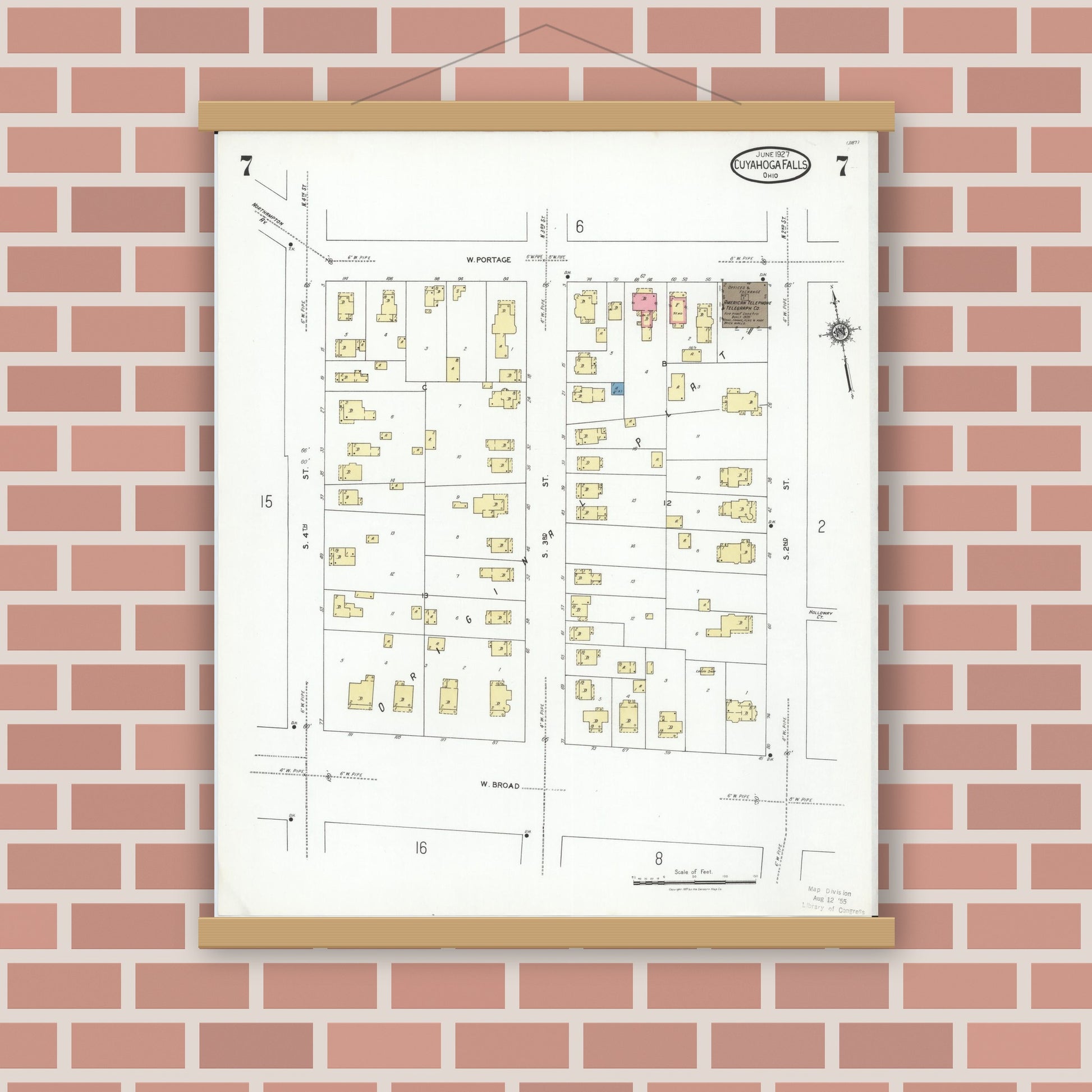 Old map wall art mockup — magnetic wood frame on brick wall — Sanborn Fire Insurance Map from Cuyahoga Falls, Summit County, Ohio (1927), Sheet #0007