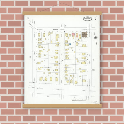 Old map wall art mockup — magnetic wood frame on brick wall — Sanborn Fire Insurance Map from Cuyahoga Falls, Summit County, Ohio (1927), Sheet #0007