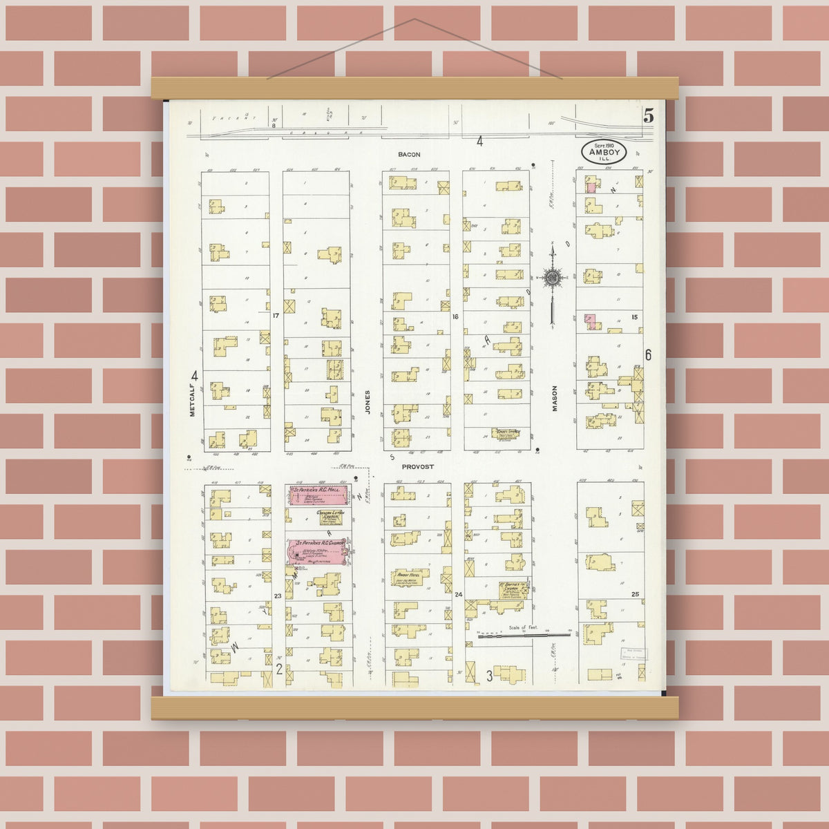 Old map wall art mockup — magnetic wood frame on brick wall — Sanborn Fire Insurance Map from Amboy, Lee County, Illinois (1910), Sheet #0005