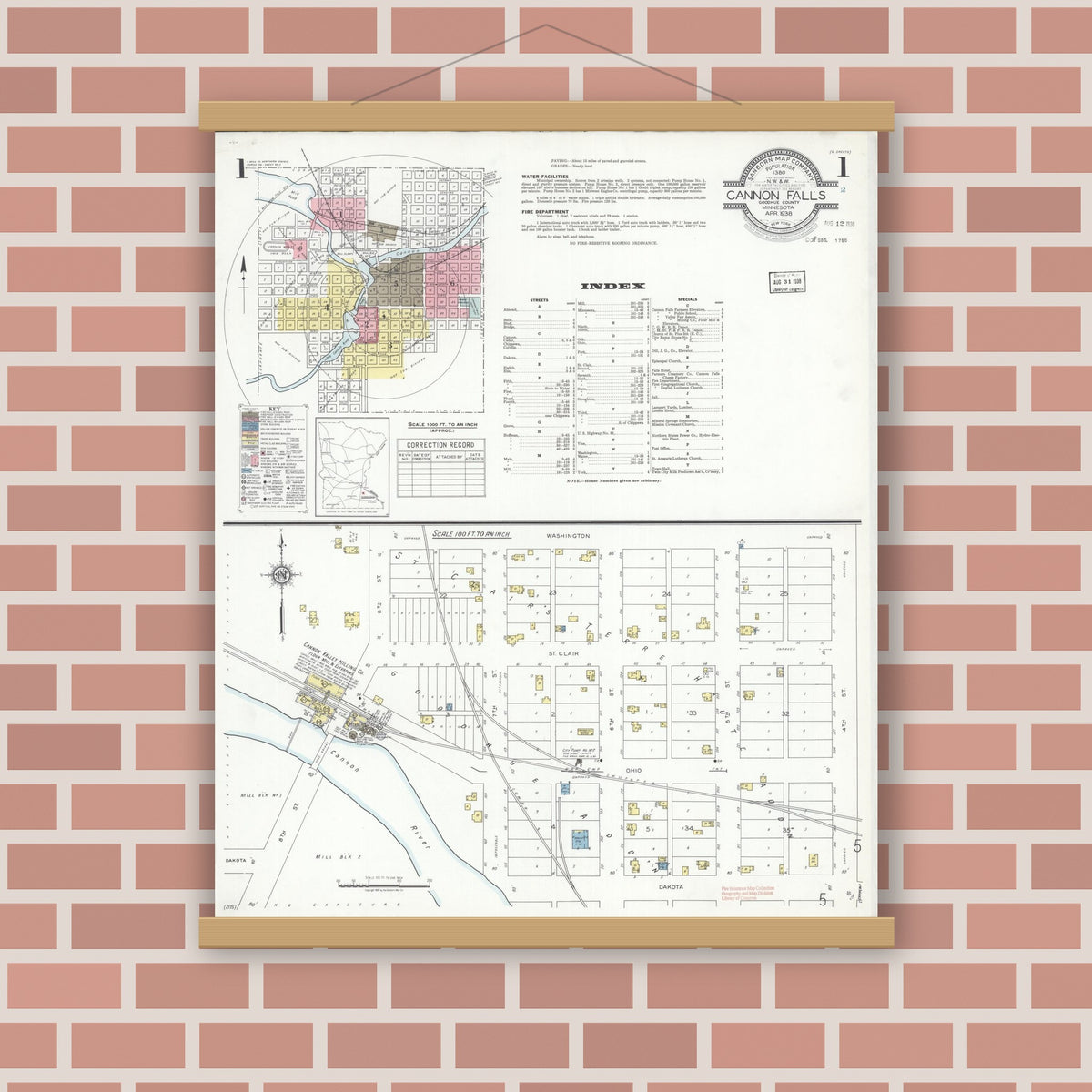 Old map wall art mockup — magnetic wood frame on brick wall — Sanborn Fire Insurance Map from Cannon Falls, Goodhue County, Minnesota (1938), Sheet #0001