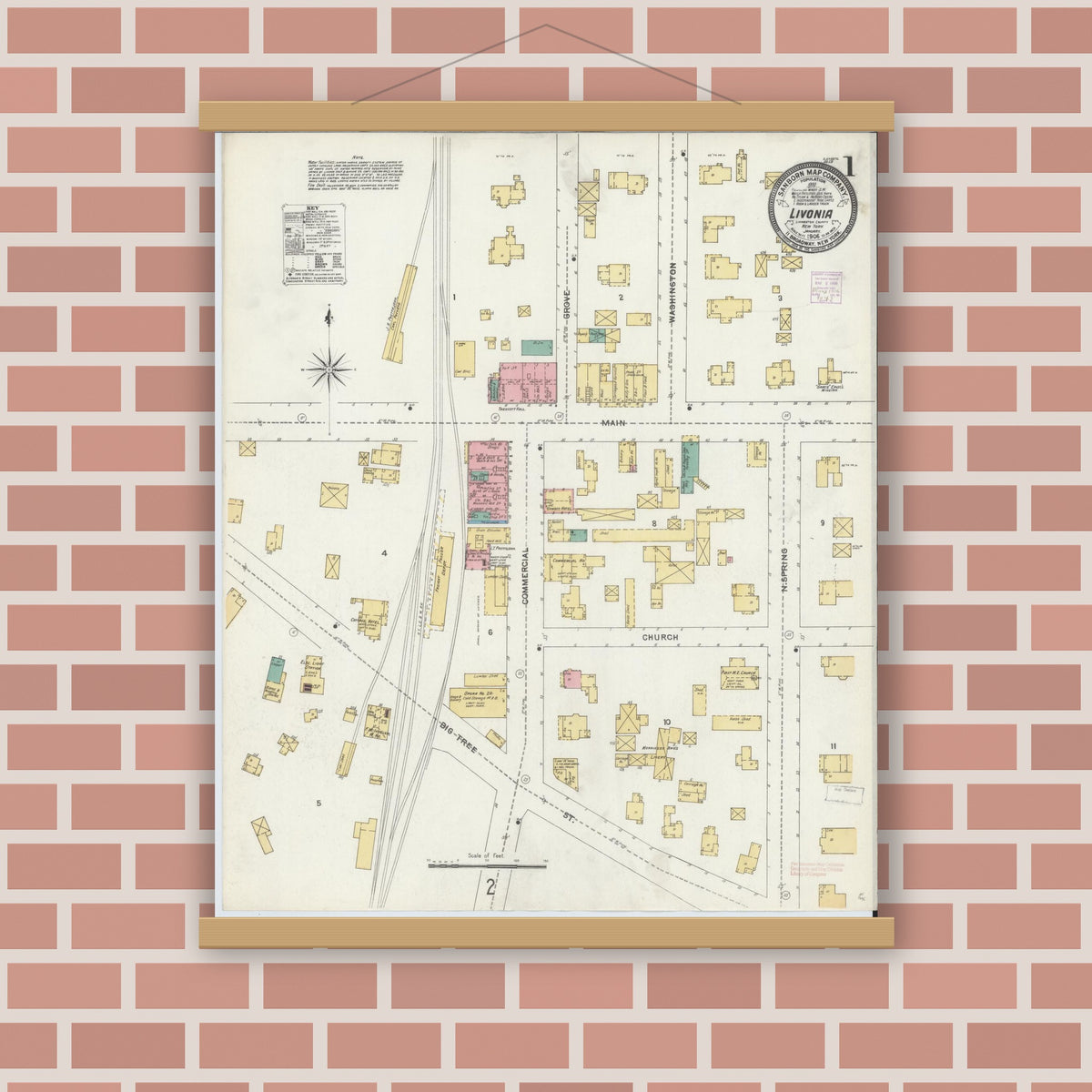 Old map wall art mockup — magnetic wood frame on brick wall — Sanborn Fire Insurance Map from Livonia, Livingston County, New York (1906) - Complete Map Set