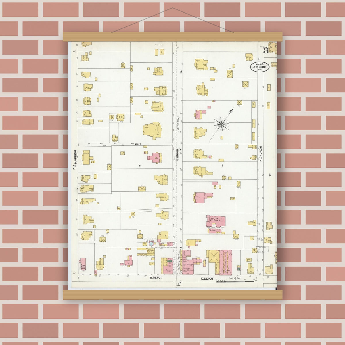 Old map wall art mockup — magnetic wood frame on brick wall — Sanborn Fire Insurance Map from Concord, Cabarrus County, North Carolina (1902), Sheet #0003