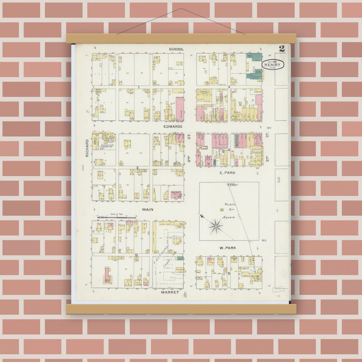 Old map wall art mockup — magnetic wood frame on brick wall — Sanborn Fire Insurance Map from Henry, Marshall County, Illinois (1893), Sheet #0002