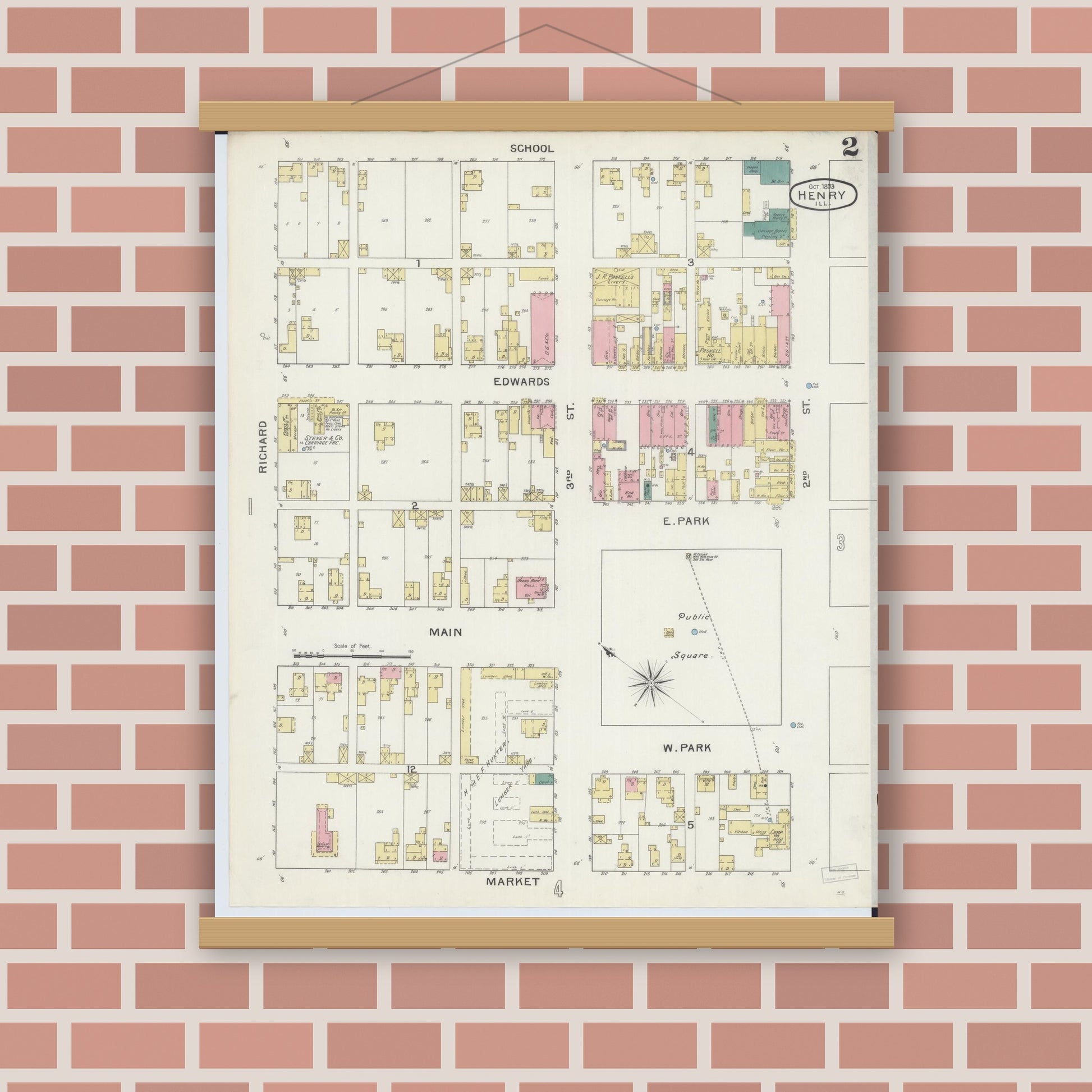 Old map wall art mockup — magnetic wood frame on brick wall — Sanborn Fire Insurance Map from Henry, Marshall County, Illinois (1893), Sheet #0002