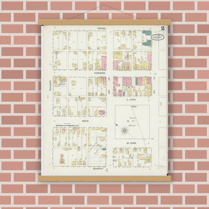 Old map wall art mockup — magnetic wood frame on brick wall — Sanborn Fire Insurance Map from Henry, Marshall County, Illinois (1893), Sheet #0002