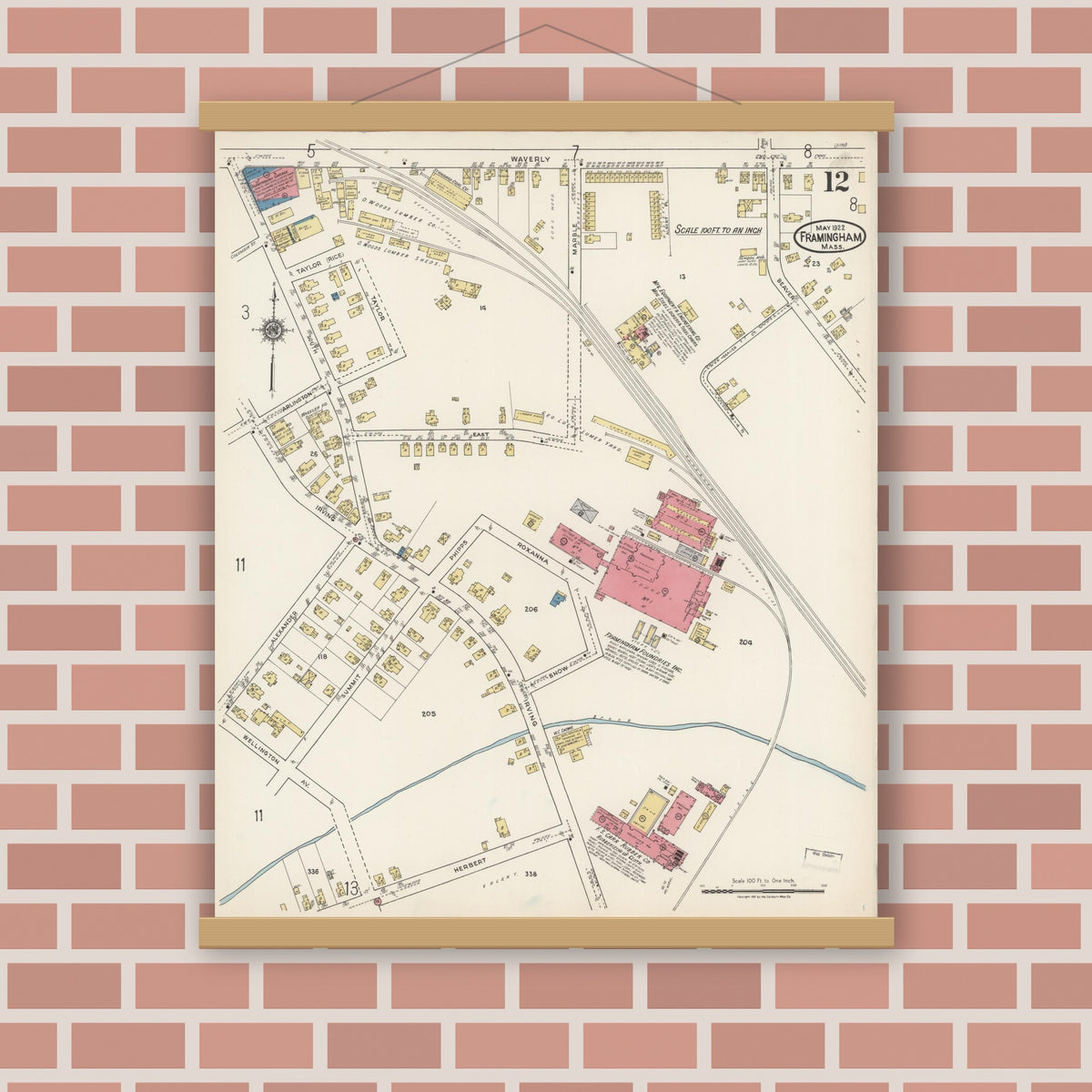 Old map wall art mockup — magnetic wood frame on brick wall — Sanborn Fire Insurance Map from Framingham, Middlesex County, Massachusetts (1922), Sheet #0012
