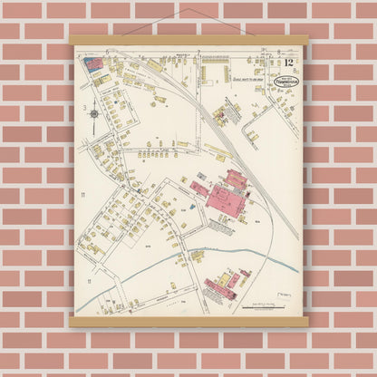 Old map wall art mockup — magnetic wood frame on brick wall — Sanborn Fire Insurance Map from Framingham, Middlesex County, Massachusetts (1922), Sheet #0012