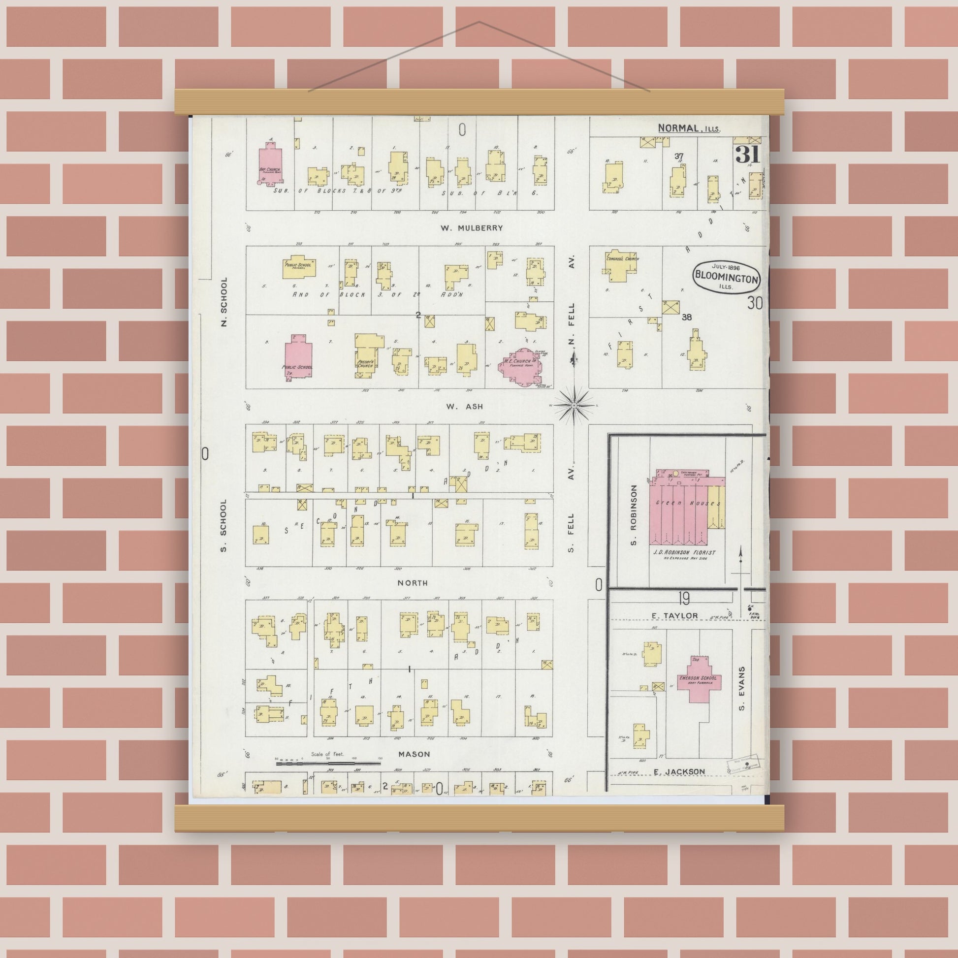Old map wall art mockup — magnetic wood frame on brick wall — Sanborn Fire Insurance Map from Bloomington, McLean County, Illinois (1896), Sheet #0031