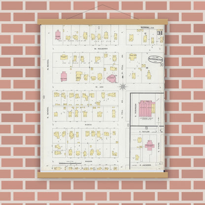 Old map wall art mockup — magnetic wood frame on brick wall — Sanborn Fire Insurance Map from Bloomington, McLean County, Illinois (1896), Sheet #0031