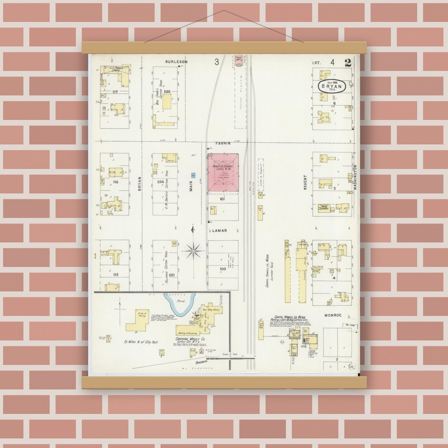 Old map wall art mockup — magnetic wood frame on brick wall — Sanborn Fire Insurance Map from Bryan, Brazos County, Texas (1896), Sheet #0002