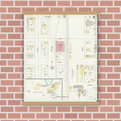 Old map wall art mockup — magnetic wood frame on brick wall — Sanborn Fire Insurance Map from Bryan, Brazos County, Texas (1896), Sheet #0002