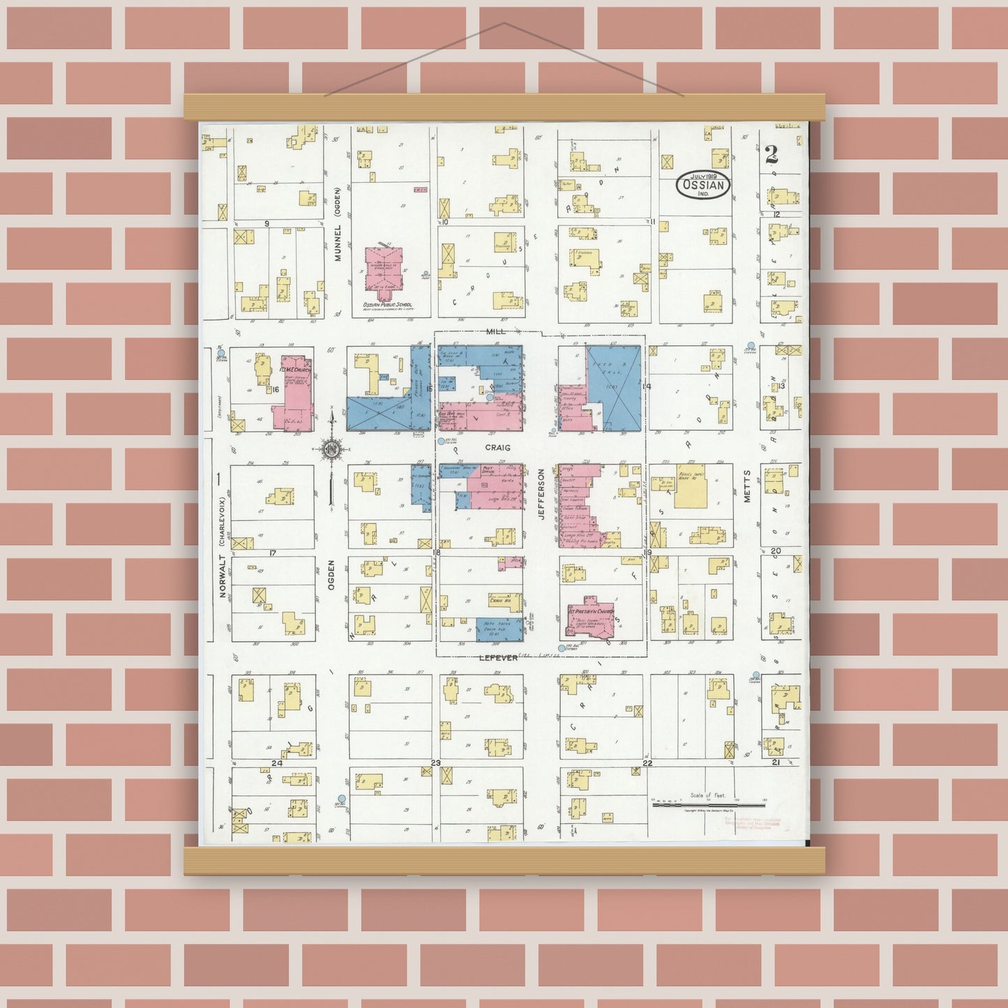 Old map wall art mockup — magnetic wood frame on brick wall — Sanborn Fire Insurance Map from Ossian, Wells County, Indiana (1919), Sheet #0002